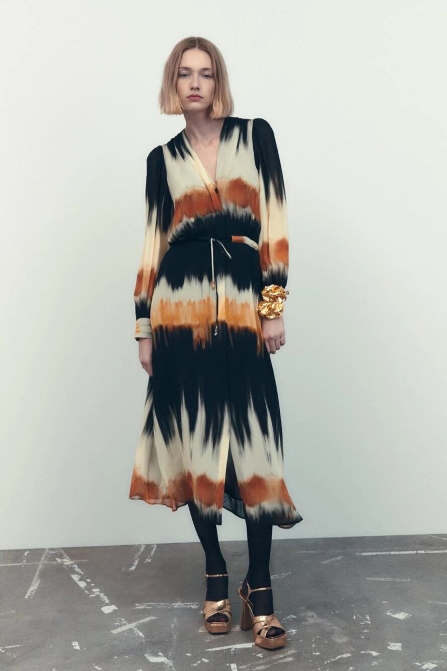 Zara Tie Dye Long Sleeve Midi Dress Multicolored Size L